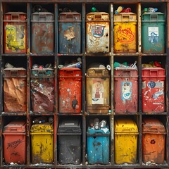 Recycling bins with various compartments for sorting different types of waste, encouraging responsible waste management practices and recycling habits. List of Art Media Photograph inspired by Spring