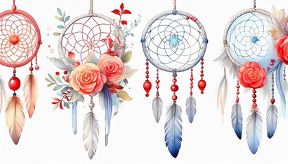 Wall Mural - Dream catchers set with feathers, sea shell and sea star, crystals, beads and rose hip, dog rose flowers and branches. Watercolor hand drawn illustration isolated on white background.
