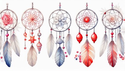 Wall Mural - Dream catchers set with feathers, sea shell and sea star, crystals, beads and rose hip, dog rose flowers and branches. Watercolor hand drawn illustration isolated on white background.