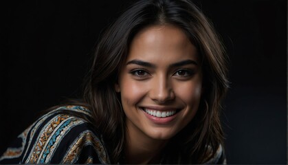 Wall Mural - smiling beautiful hispanic model woman close up portra on plain black background from Generative AI