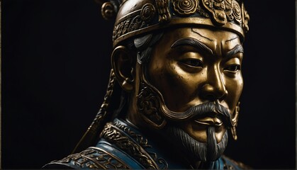 Wall Mural - chinese warrior statue close up portrait on plain black background from Generative AI