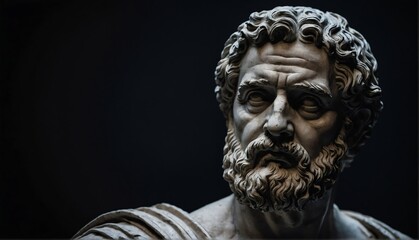 roman scholar statue close up portrait on plain black background from Generative AI