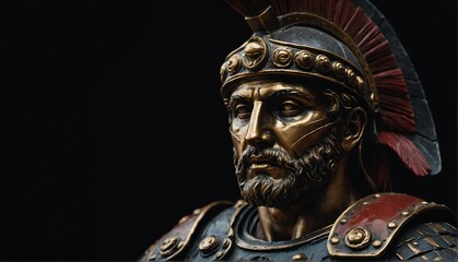 Wall Mural - roman warrior statue close up portrait on plain black background from Generative AI