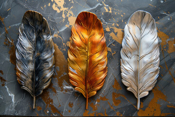 panel wall art, wall decoration, marble background with feather designs