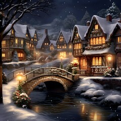 Wall Mural - Digital painting of a snowy winter night in the village with a bridge