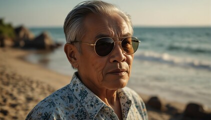 Wall Mural - handsome asian elderly guy portrait on summer beach vacation with sunglasses and bright sunshine from Generative AI