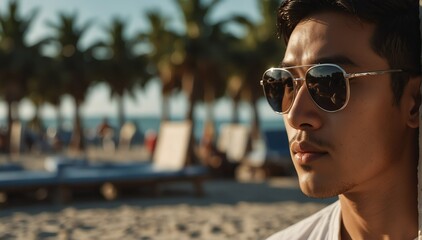 Wall Mural - handsome asian guy portrait on summer beach vacation with sunglasses and bright sunshine from Generative AI