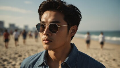 handsome korean guy portrait on summer beach vacation with sunglasses and bright sunshine from Generative AI