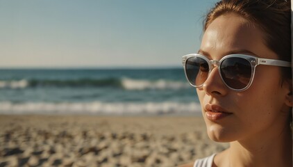 Wall Mural - lesbian woman portrait on summer beach vacation with sunglasses and bright sunshine from Generative AI