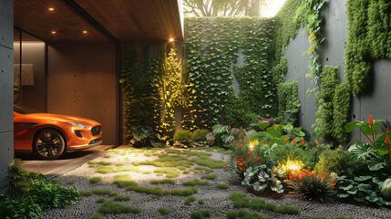 An elegant orange car was parked by the colorful garden.