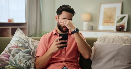 Aufkleber - Home, stress and man with smartphone, frustrated and slow internet with social media, negative feedback and contact. Apartment, person and guy on couch, cellphone and bad news with glitch and mistake