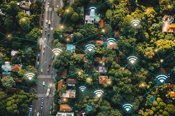 Urban WiFi networks top view highlighting citywide access technology tone Splitcomplementary color scheme