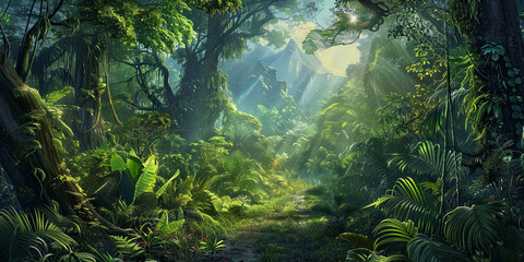 Wall Mural - green forest with towering trees and rays of sunlight filtering through the leaves, generative ai