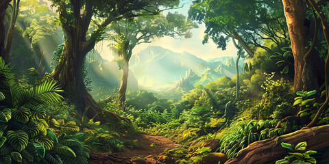 Wall Mural - green forest with towering trees and rays of sunlight filtering through the leaves, generative ai