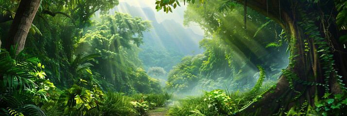 Wall Mural - green forest with towering trees and rays of sunlight filtering through the leaves, generative ai