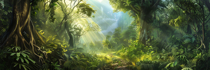 Wall Mural - green forest with towering trees and rays of sunlight filtering through the leaves, generative ai
