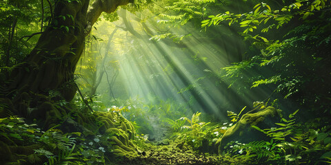 Wall Mural - green forest with towering trees and rays of sunlight filtering through the leaves, generative ai