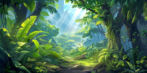 Wall Mural - green forest with towering trees and rays of sunlight filtering through the leaves, generative ai