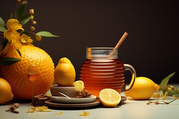 Cup with honey and  lemon for treating colds, generated by AI