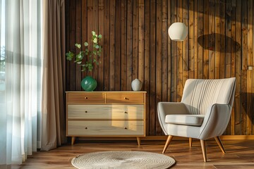 Interior of modern living room with sideboard over wooden paneling wall. Contemporary room with dresser and armchair. Home design.