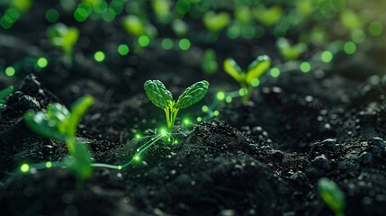 close-up of young green plants with glowing roots in dark soil, symbolizing growth, innovation, and 