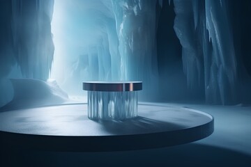 Wall Mural - 3d rendering of abstract scene with empty podium and ice cave background