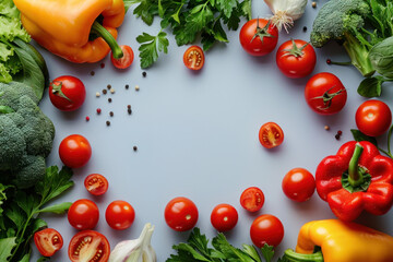 Poster - A colorful assortment of vegetables including tomatoes, peppers, and broccoli. Concept of freshness and health, as the vegetables are all vibrant and full of life
