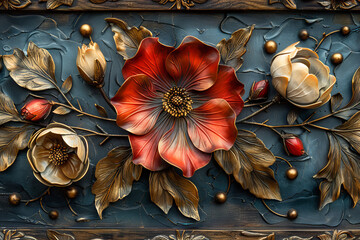 Wall Mural - panel wall art, wall decoration, marble background with flowers designs