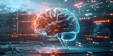 UXUI development concept, Graphic of a futuristic brain with user experience design and user interface design separated