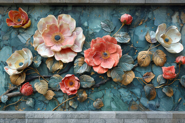 Wall Mural - panel wall art, wall decoration, marble background with flowers designs