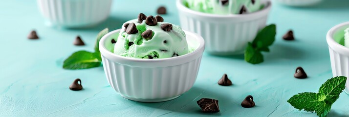Wall Mural - Mint chocolate chip ice cream in white bowl on blue background, closeup. mint green and black chocolate chips sprinkled over the top of the dessert. The setting is a light blue table with more bowls o