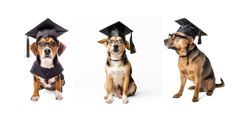 Wall Mural - Set of dog wearing glasses and graduate cap, full body standing on transparency background PNG
