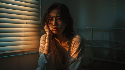 Wall Mural - A Domestic violence: Asian woman sitting depressed alone in bedroom Feeling sad and disappointed in love In a dark bedroom and sunlight from the window coming through the blinds.