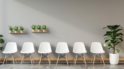 A Room design with rows of white plastic chairs, wooden shelves and green plants standing next to a gray wall inside a waiting room in a modern business office, empty wall space, banner background.