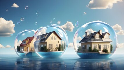 Poster - Houses inside floating bubbles. Real estate bubble concept. 3D illustration