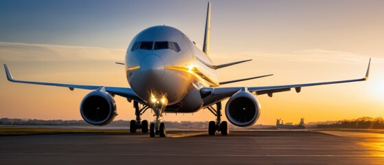 airplane on the runway at golden hour lighting sunset