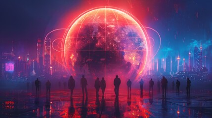 Wall Mural - a group of people stand in front of a large red planet