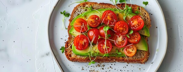  A delicious and healthy breakfast of avocado toast with cherry tomatoes and microgreens on whole grain bread.