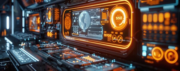 The control panel of a spaceship with a lot of buttons and screens.