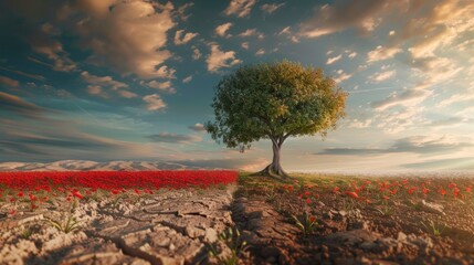 Wall Mural - A tree is growing in a field of red flowers