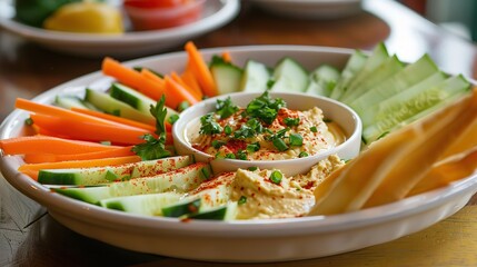 Wall Mural - Veggie & Hummus Plate - A plate of various fresh vegetables such as carrots, cucumbers and bell peppers, served with hummus for dipping.