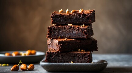 Wall Mural - A stack of chocolate brownies on wooden with hazelnut, homemade bakery and dessert. Generative Ai