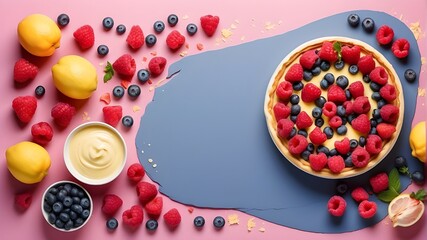 Wall Mural - inventive recipe template. Fruits are arranged in a pink and yellow background surrounding a pastry dish with blueberries, raspberries, lemon curd, and cream. duplicate the text area. upper view. flat