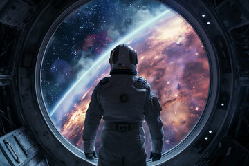 Wall Mural - an astronaut stands inside the outer space of a ship, watching the stars in the