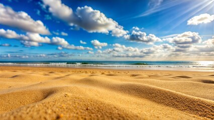 Wall Mural - beautiful sandy beach landscape scene, blue hour, long beachline stretching into the diatance, light blue water reflecting the setting sun, beautiful summer weather, blue skies, white clouds