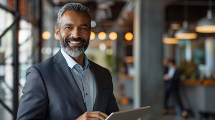 Sticker - A man in a suit is smiling and holding a tablet