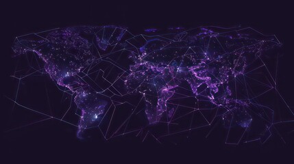 Wall Mural - world map made up of dots, modern and technological blue-violet color with shinny lines, dark background

