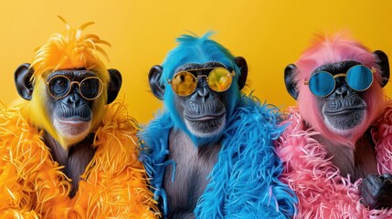 Wall Mural - Group of monkeys in strange clothes Mismatched colorful clothes isolated on bright background advertising, copy space birthday party invitation invitation banner