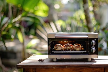 Wall Mural - Miniature broiler oven placed on a charming wooden table with blurred surroundings.