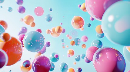 Wall Mural - Vibrant Multicolored Bubble Background with Floating Spheres and Copy Space - Colorful Matte and Glossy Balls on Light Blue Backdrop